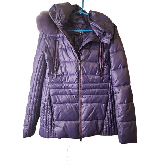 Paker Size Large Womens Coat Purple Faux Fur Hood Belted Hollow Fill EUR 44 - Picture 1 of 5